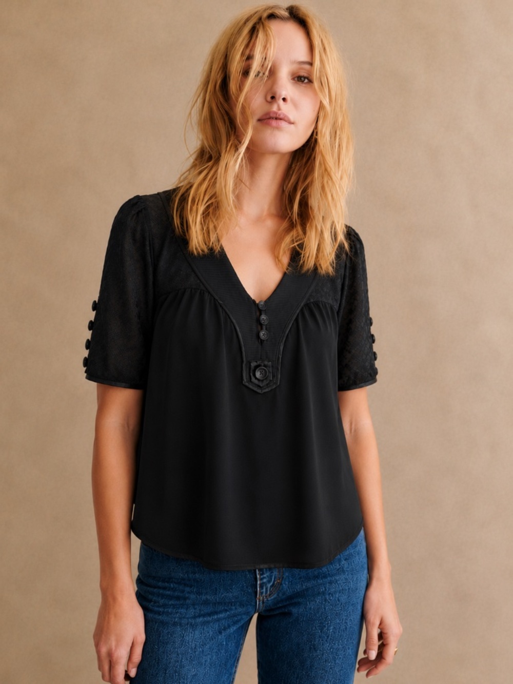 Mayle Mixed Textured Silk Button Detailed Top